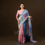 Handcrafted Cotton Batik Saree E0626 - Denim Blue and Light Pink Saree (Orchid Collection)