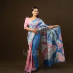 Handcrafted Cotton Batik Saree E0626 - Denim Blue and Light Pink Saree (Orchid Collection) - Image 2
