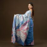 Handcrafted Cotton Batik Saree E0626 - Denim Blue and Light Pink Saree (Orchid Collection) - Image 3