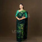Handcrafted Cotton Batik Saree E0726 - Dark Green and Emerald Green Saree (Orchid Collection)