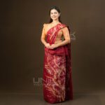 Handcrafted Cotton Batik Saree E0826 - Deep Red and Peach Saree (Orchid Collection)